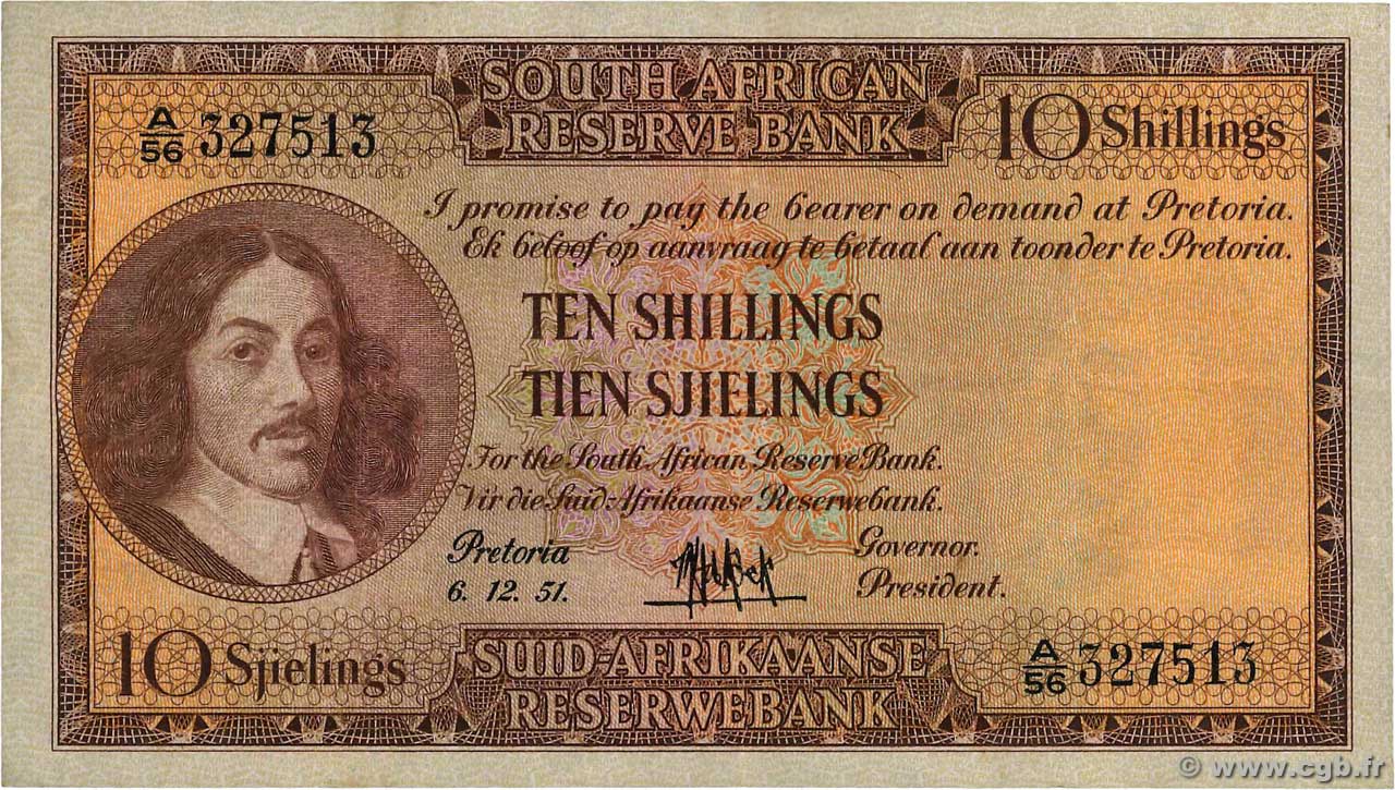 10 Shillings SUDÁFRICA  1951 P.090c MBC