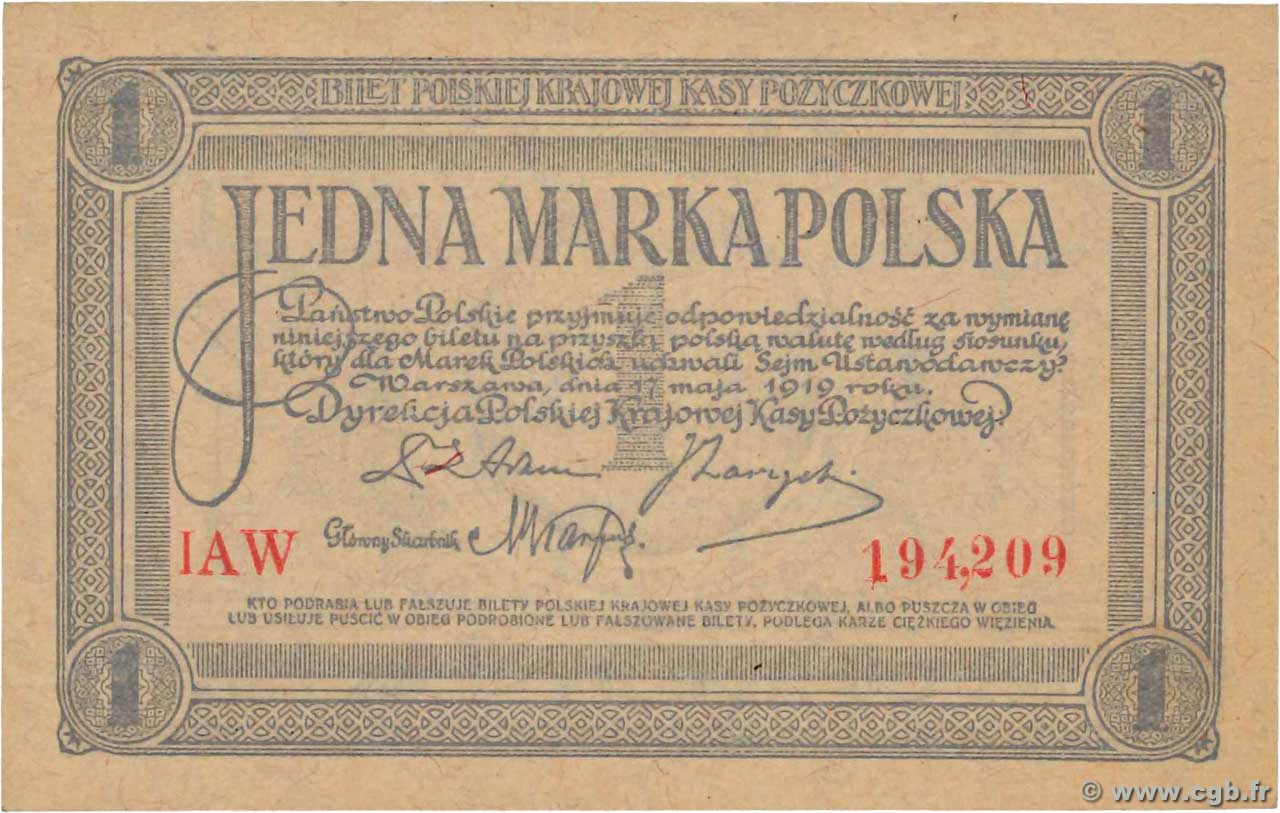 1 Marka POLOGNE  1919 P.019 pr.NEUF