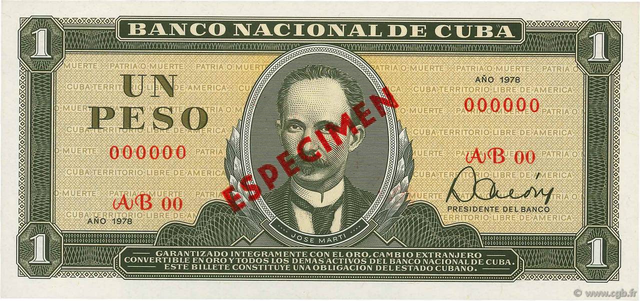 1 Peso Spécimen CUBA 1978 P.102bs4 b91_0889 Billets