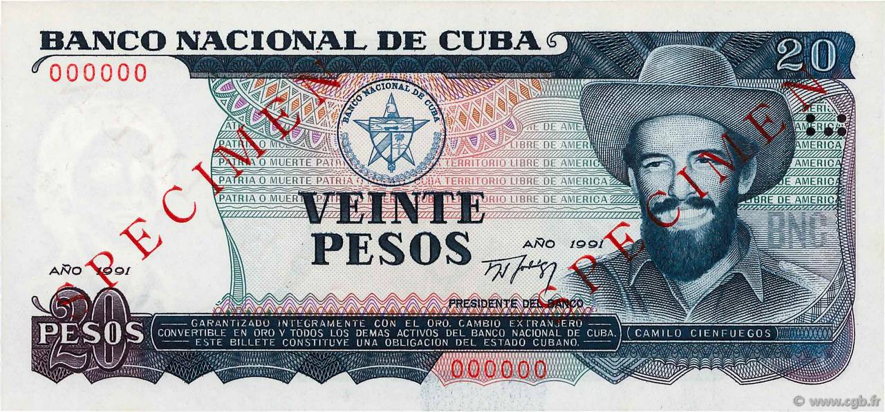 20 Pesos Spécimen CUBA  1991 P.110s FDC