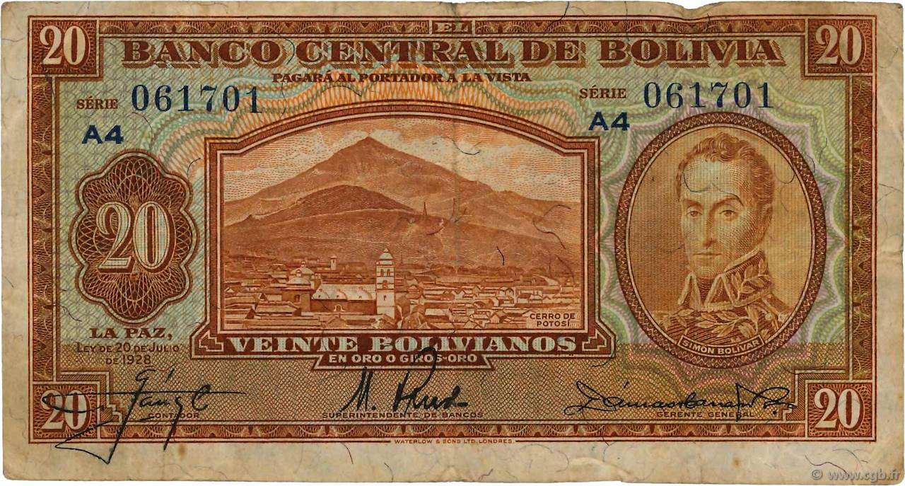 20 Bolivianos BOLIVIA  1928 P.131 BC