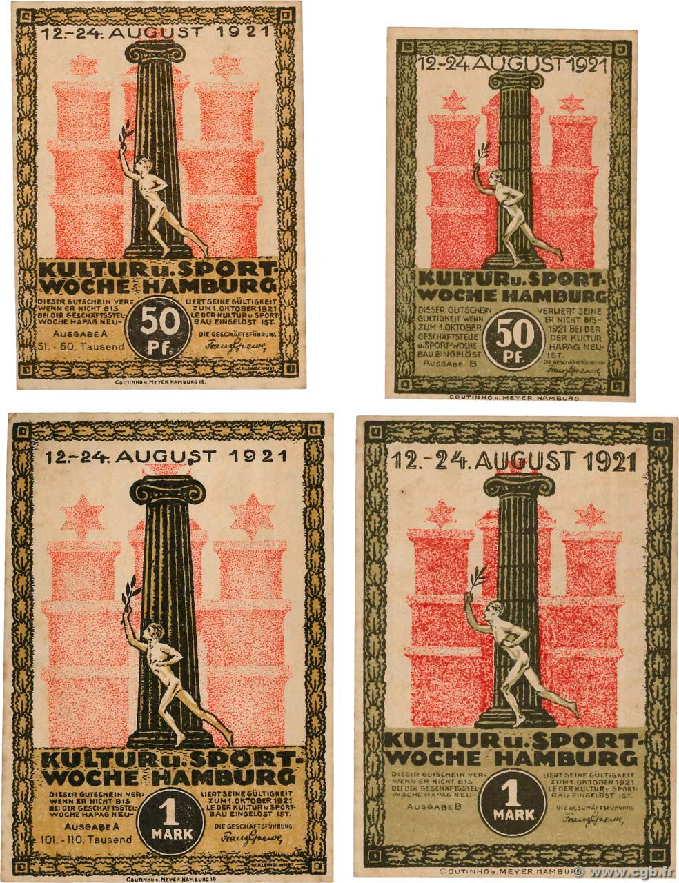 50 Pfennig et 1 Mark GERMANIA Hambourg 1921 P.LOT SPL