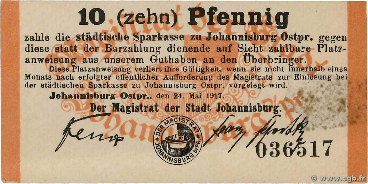 10 Pfennig  DEUTSCHLAND Johannisburg 1917  VZ