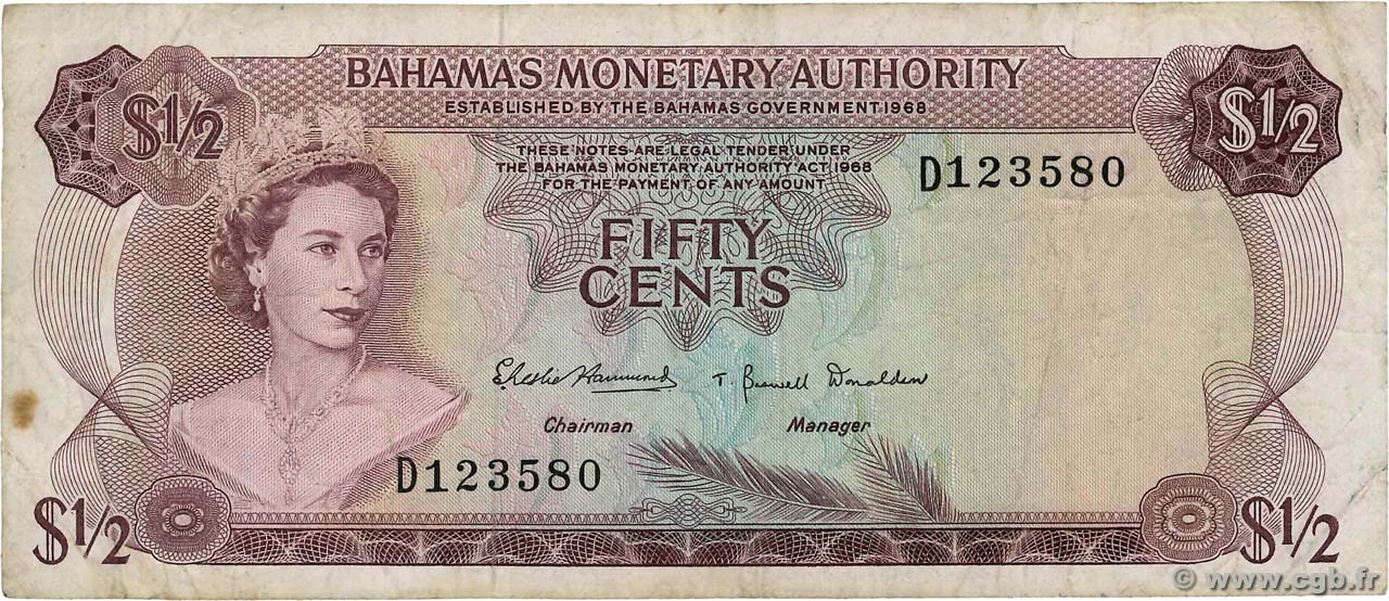 50 Cents BAHAMAS  1968 P.26a MB