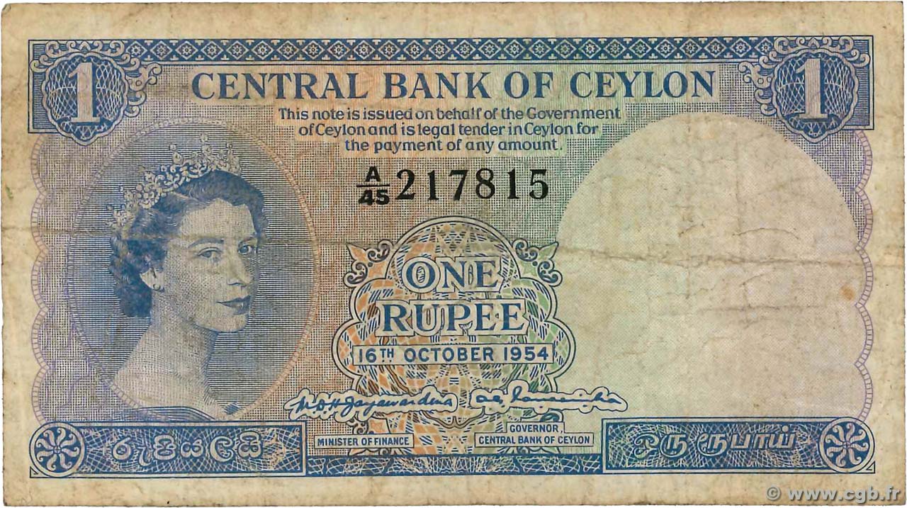 1 Rupee CEYLON  1954 P.049 q.MB
