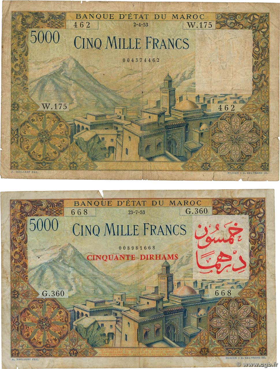 5000 Francs et 5000 Francs / 50 Dirhams MAROKKO  1953 P.49 et 51 SGE to S
