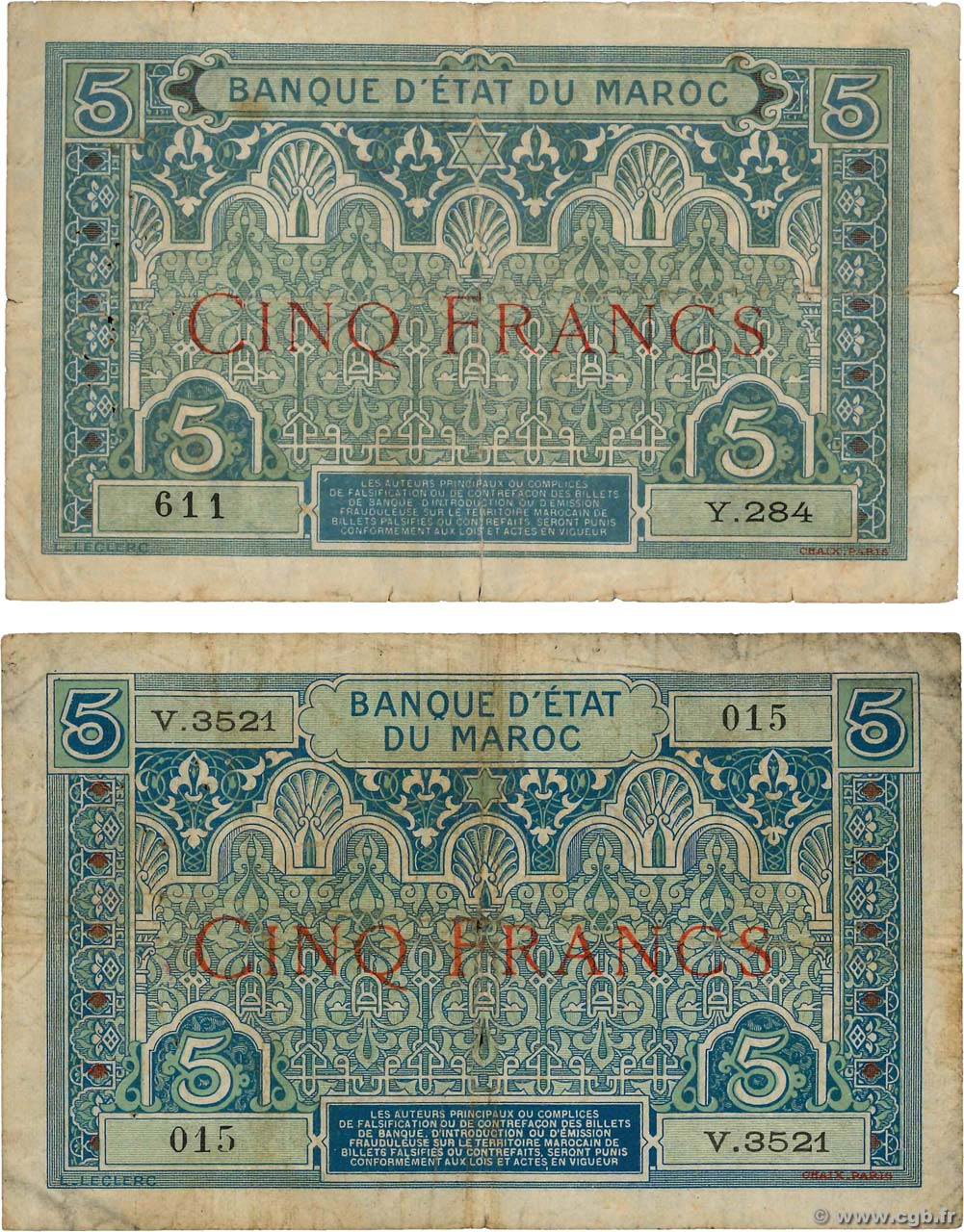 5 Francs MAROKKO  1921 P.08 et 09 SGE