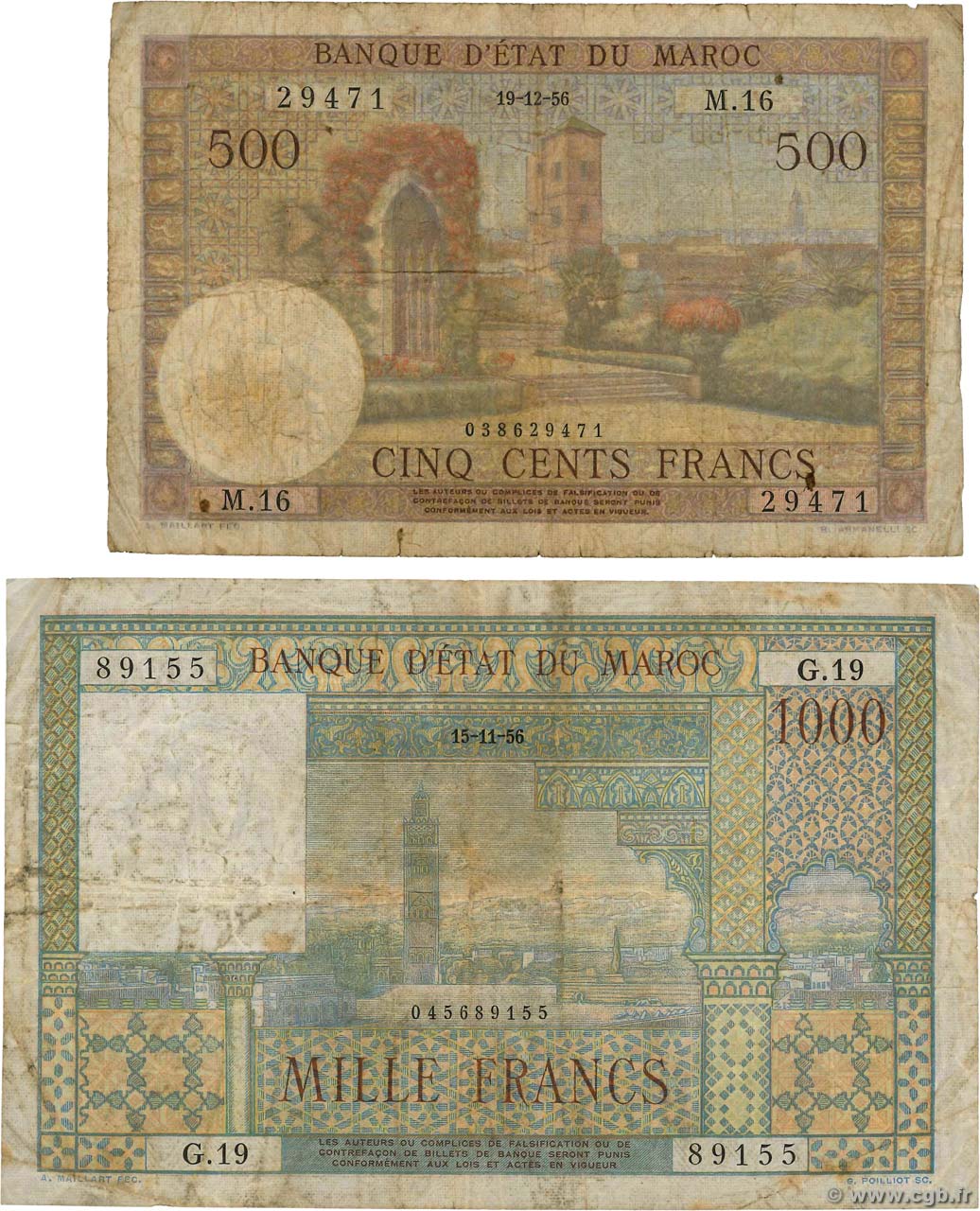 500 et 1000 Francs  MAROC  1956 P.46 et 47 pr.TB