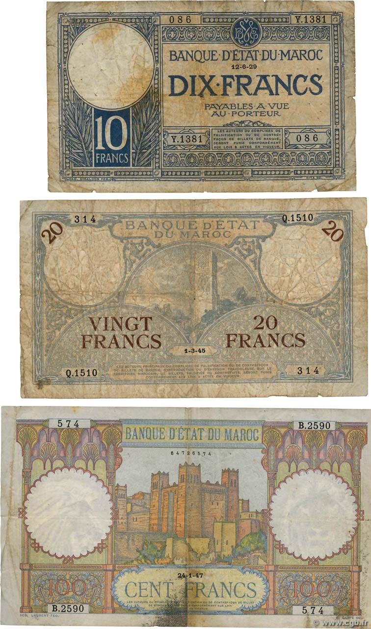 Lot de 3 Billets MAROCCO  1938 P.LOT q.MB