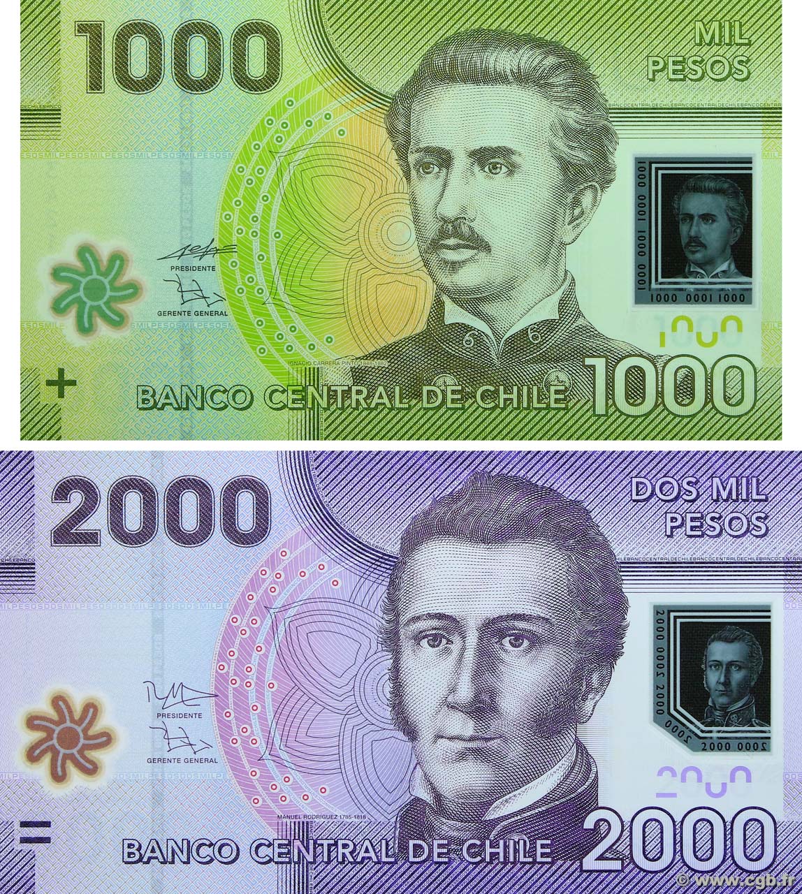 Lot de 2 billets 1000 et 2000 Pesos CHILI  2010 P.LOT NEUF