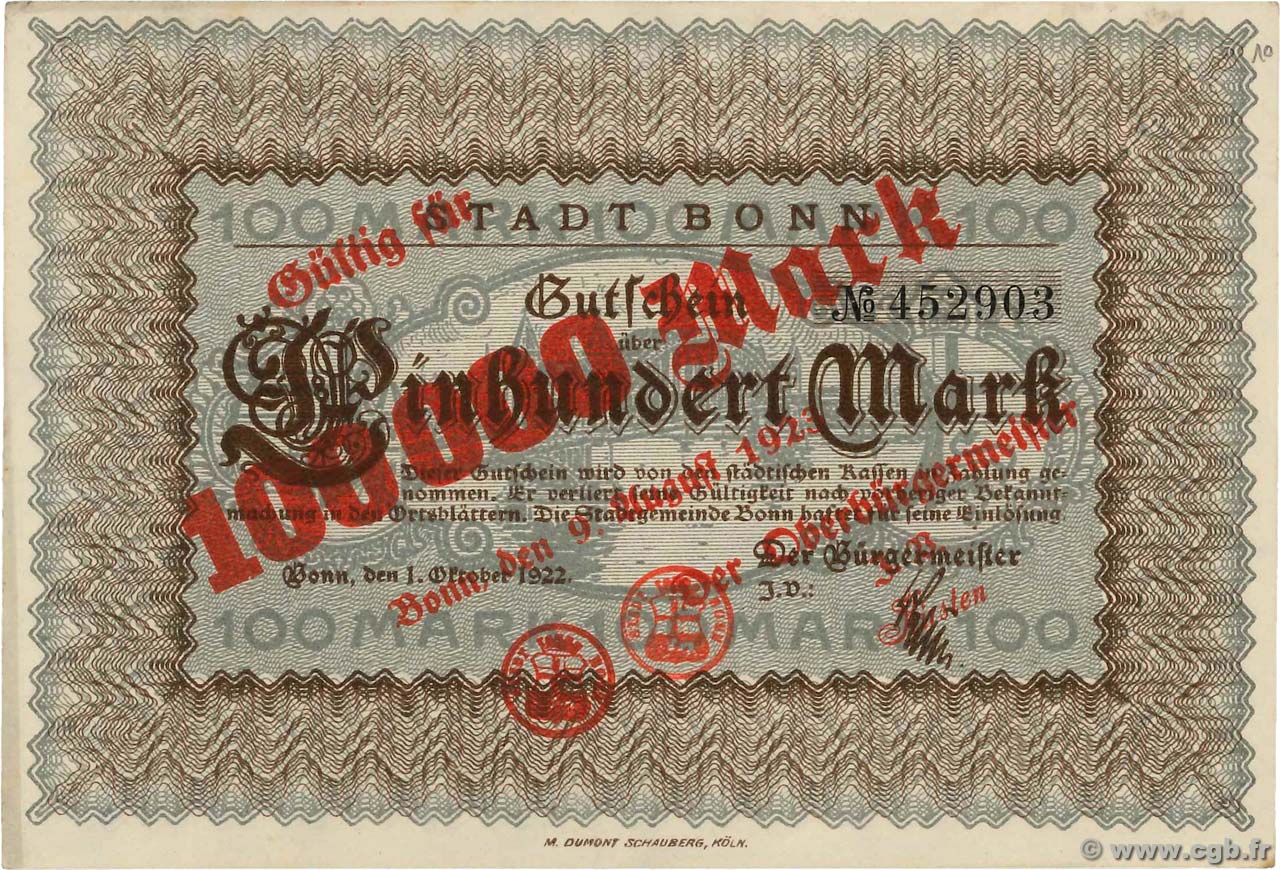 100 Mark / 100 000 Mark DEUTSCHLAND Bonn 1922  fST