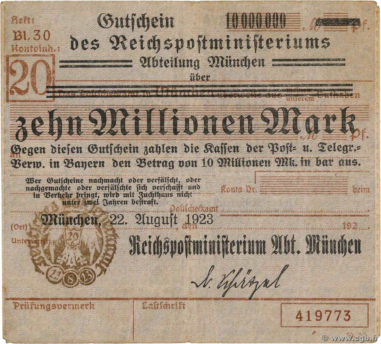 10 Millionen Mark GERMANIA Munich 1923  MB