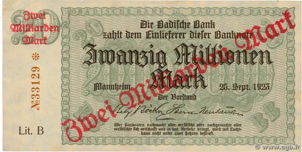 2 Milliards Mark GERMANIA Mannheim 1923 PS.0913 SPL