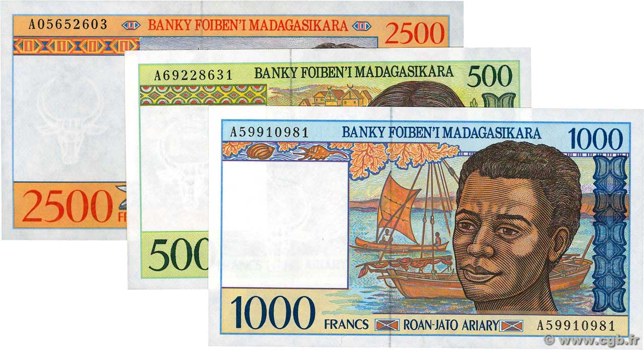 Lot de 3 Billets MADAGASCAR  1994 P.LOT BB to SPL