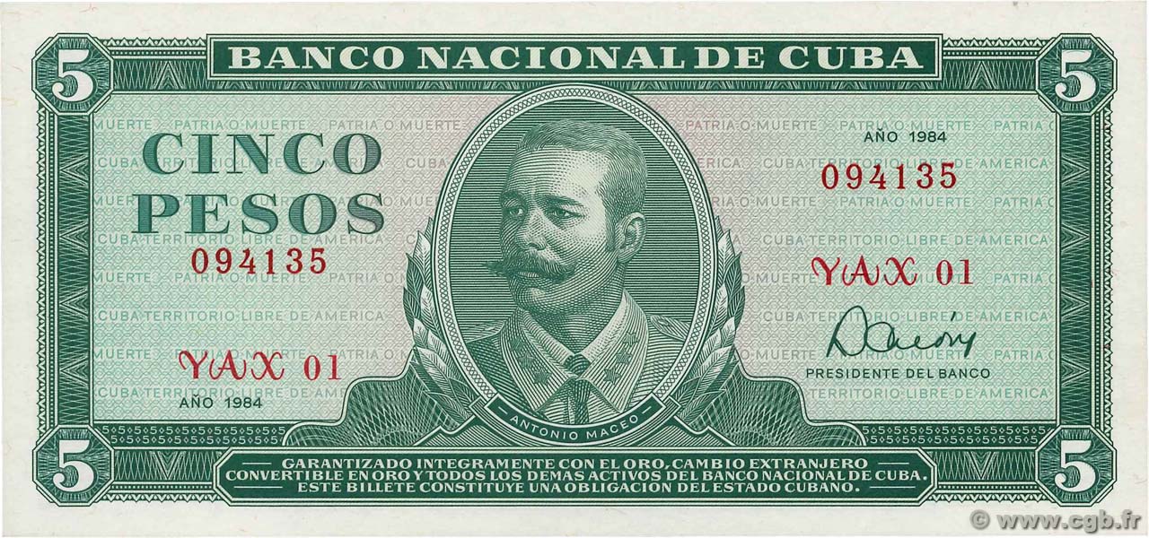 5 Pesos Remplacement CUBA  1984 P.103cr SC+