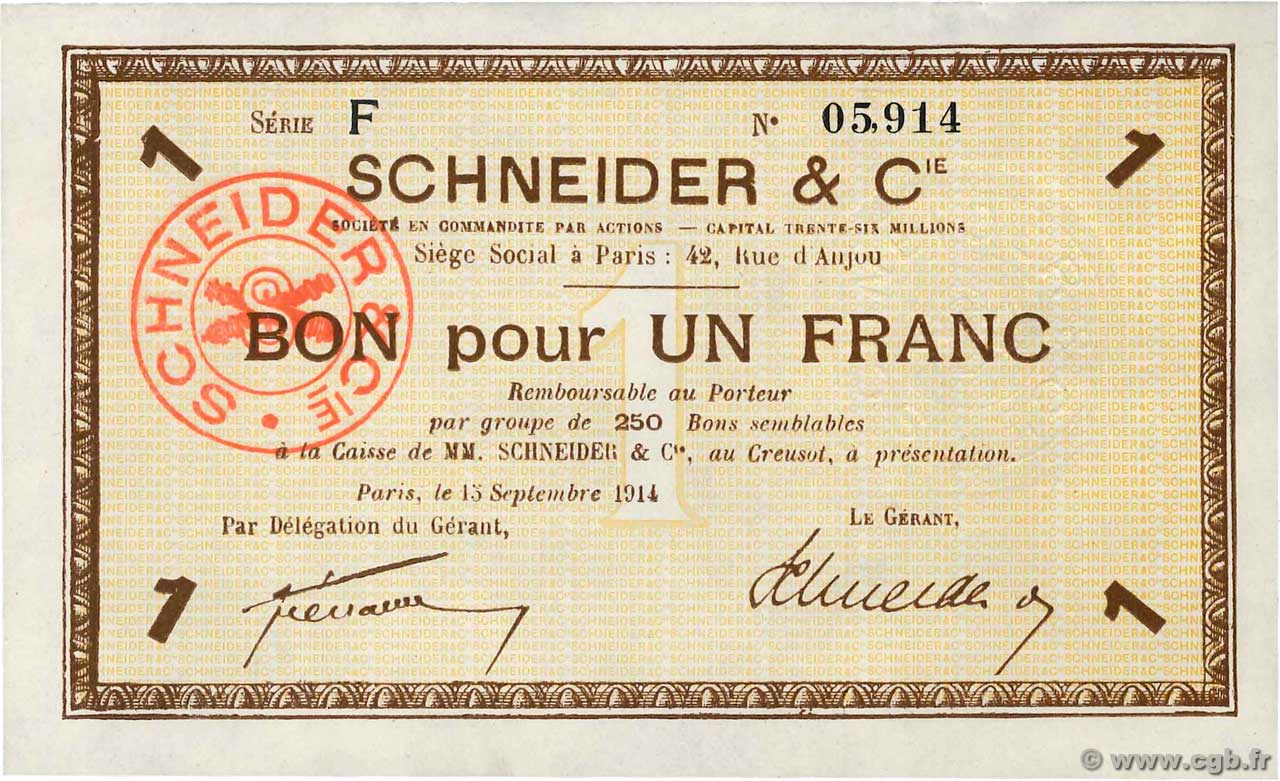 1 Franc FRANCE regionalism and miscellaneous Creusot (Le) 1914 JP.71.05 UNC-