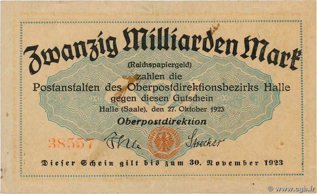 20 Milliard Mark ALLEMAGNE Halle 1923  TB