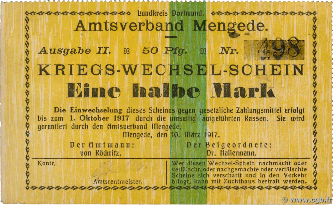 50 Pfennig Germany Dortmund Mengede 1914 B91 2036 Banknotes