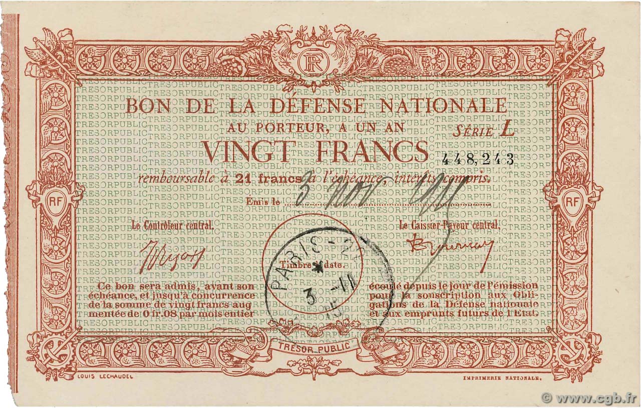 20 Francs FRANCE regionalismo e varie  1915  SPL
