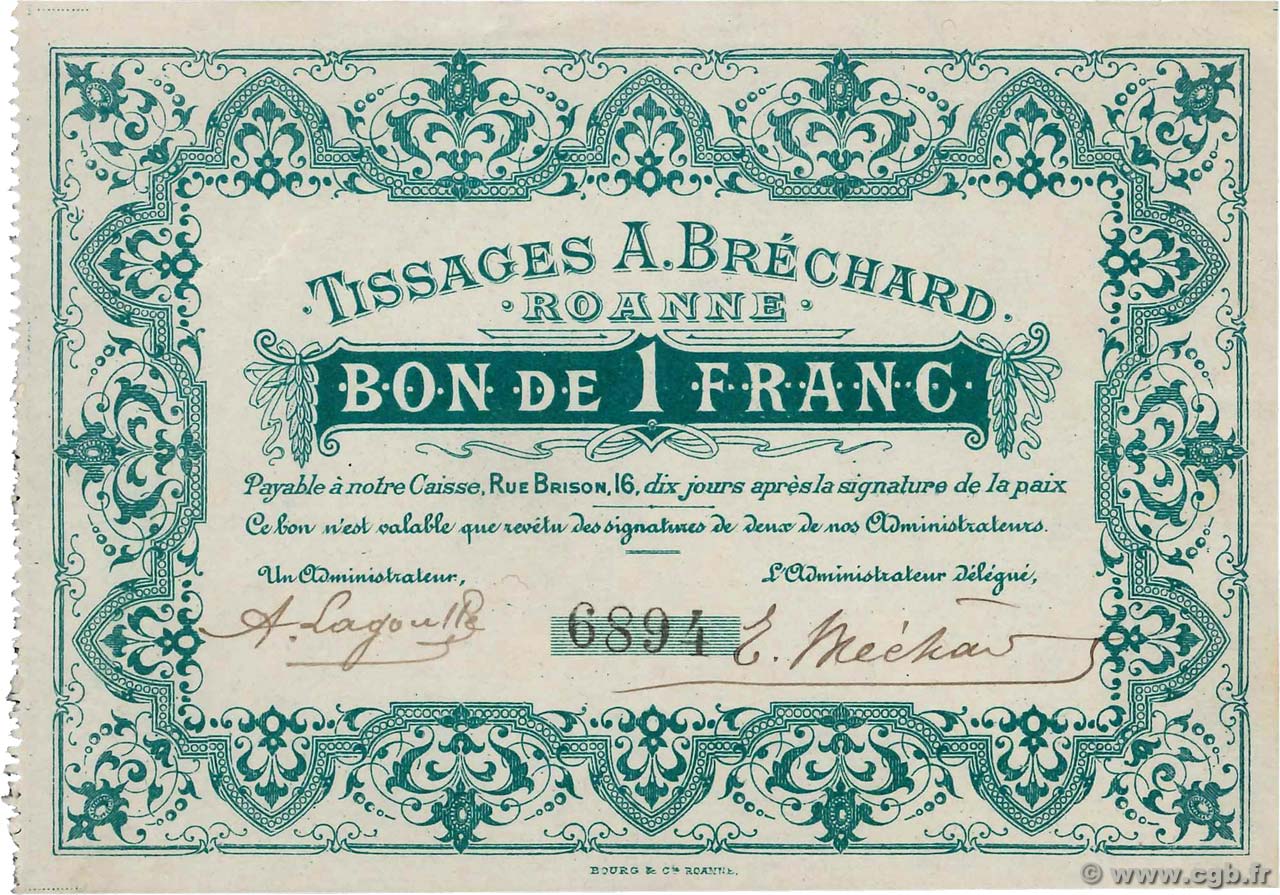 1 Franc  FRANCE regionalismo e varie Roanne 1914 JP.42.50 AU
