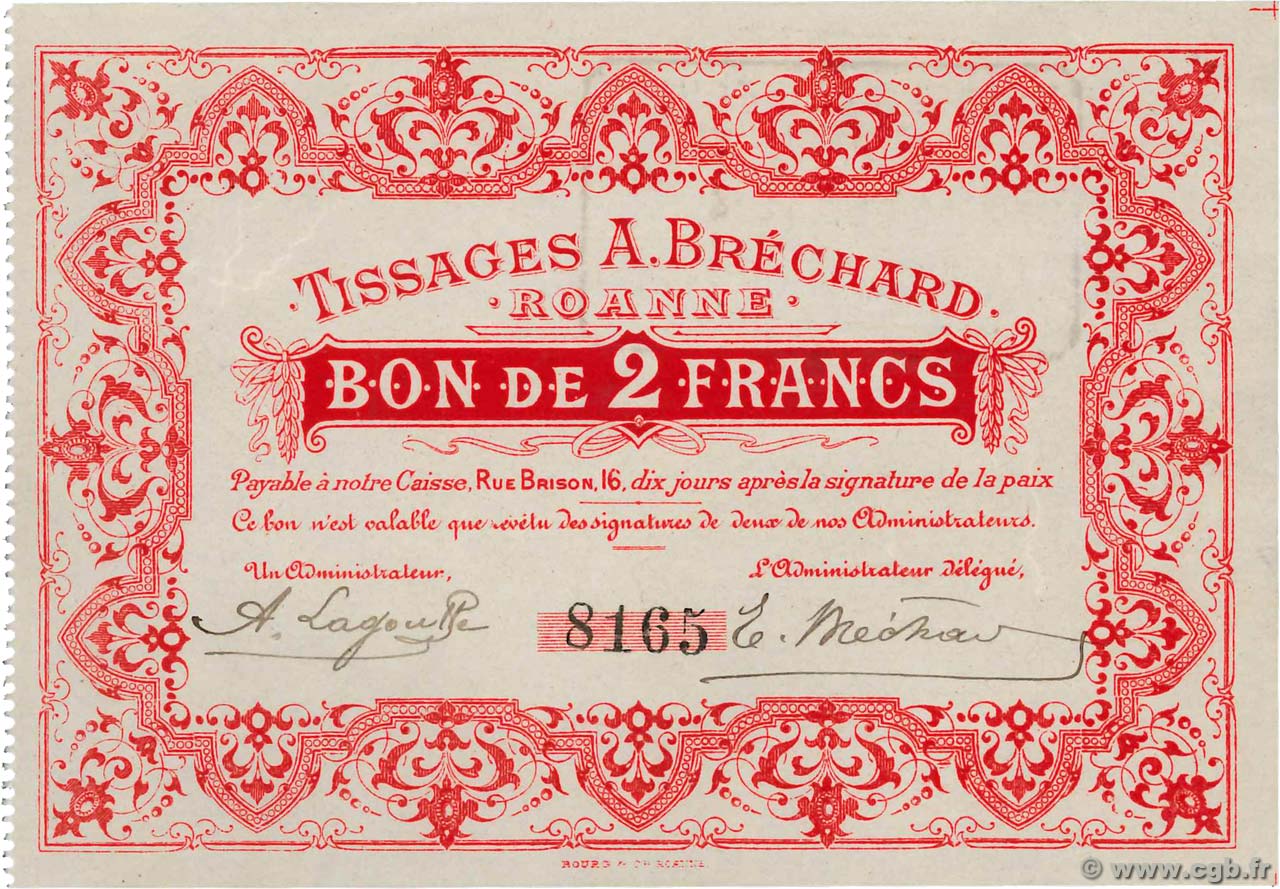 2 Franc  FRANCE regionalism and miscellaneous Roanne 1914 JP.42.51 XF+