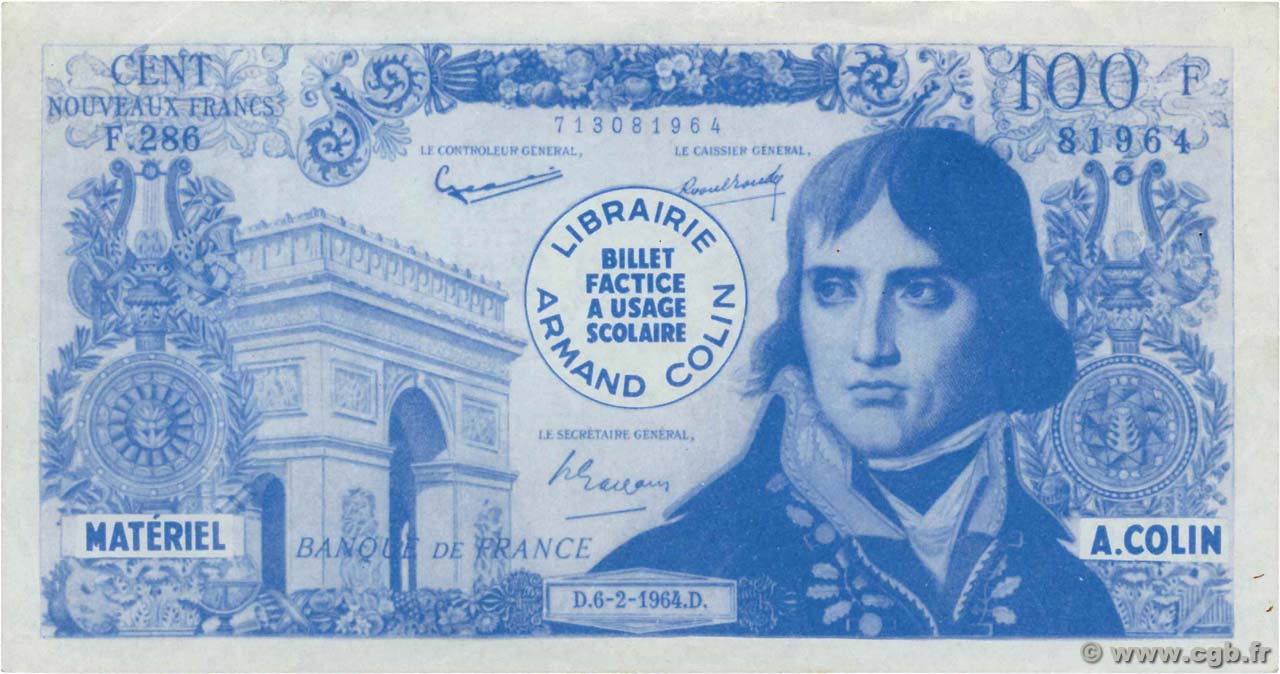 100 Nouveaux Francs BONAPARTE Scolaire FRANCE regionalismo e varie  1964  BB