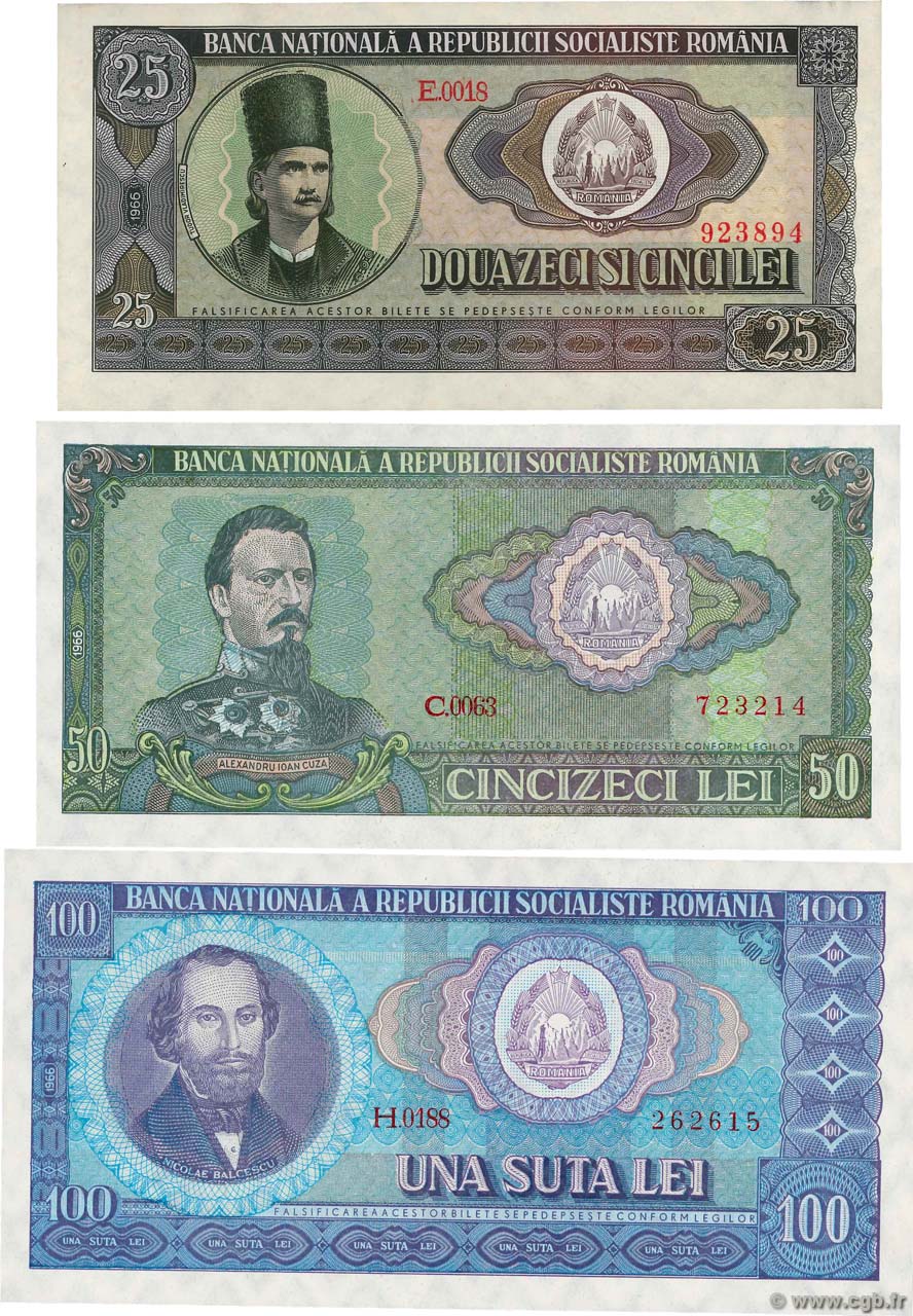 Lot de 3 Billets ROMANIA  1966 P.LOT AU+