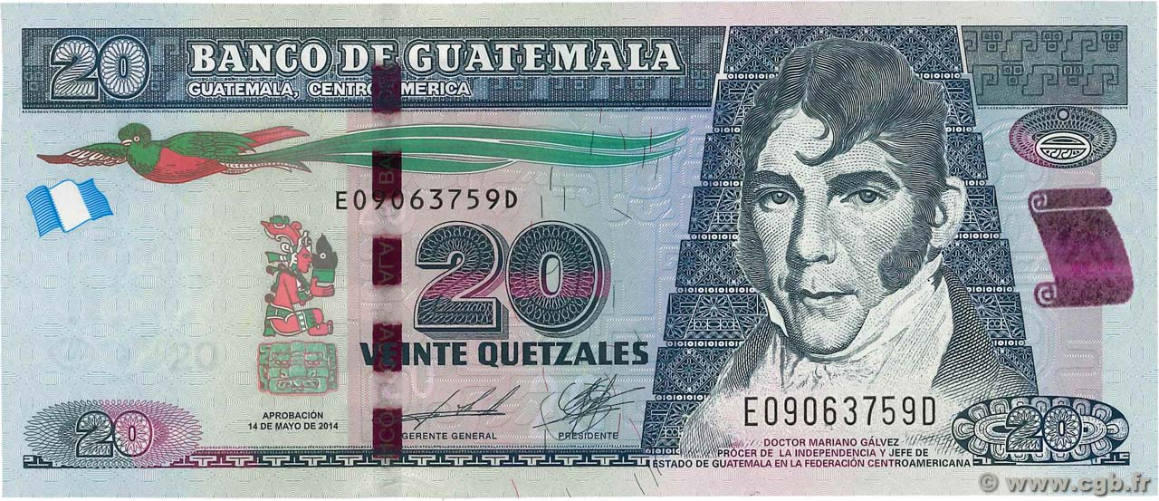 20 Quetzales GUATEMALA  2014 P.124d UNC