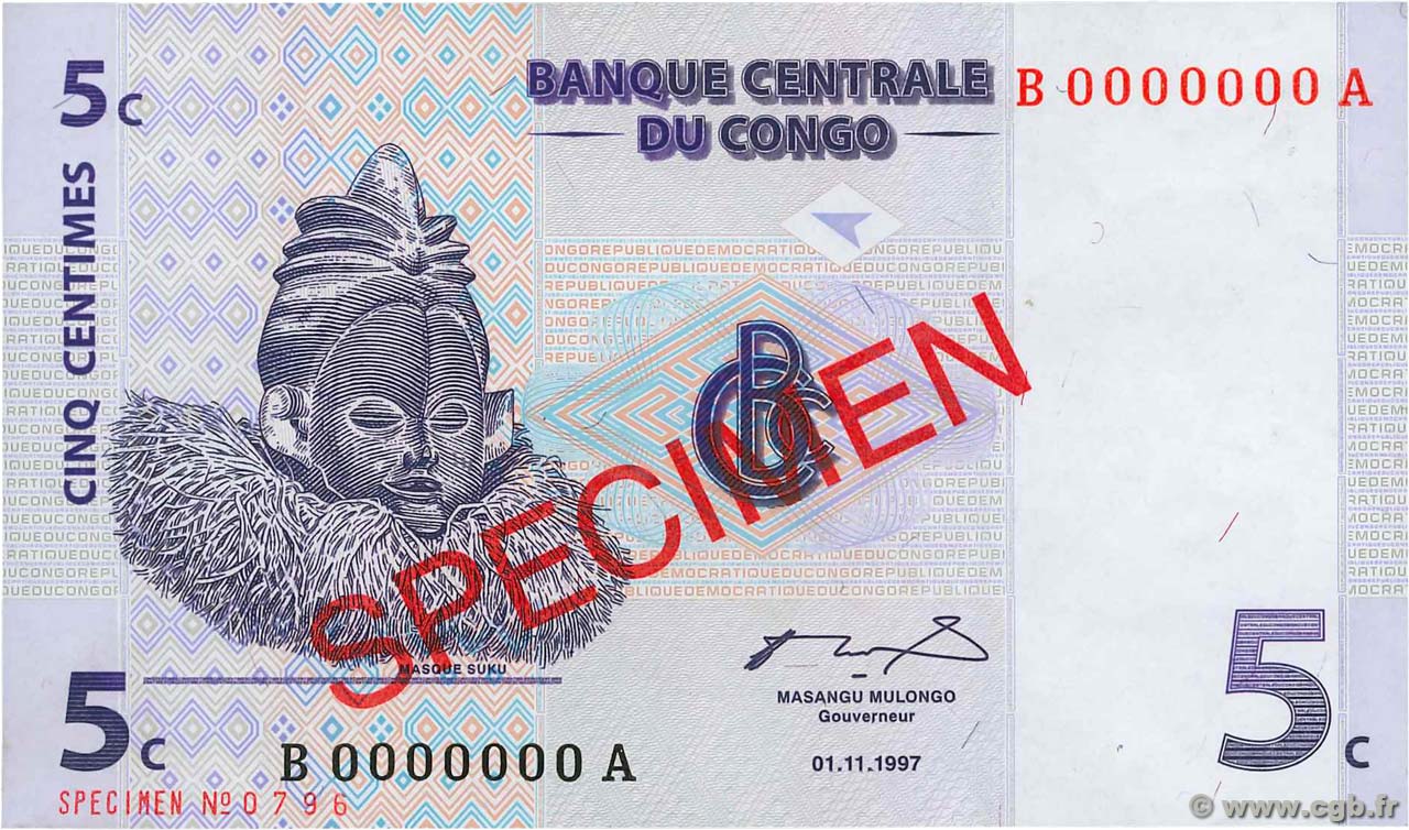 5 Centimes  Spécimen CONGO, DEMOCRATIC REPUBLIC  1997 P.081s UNC-