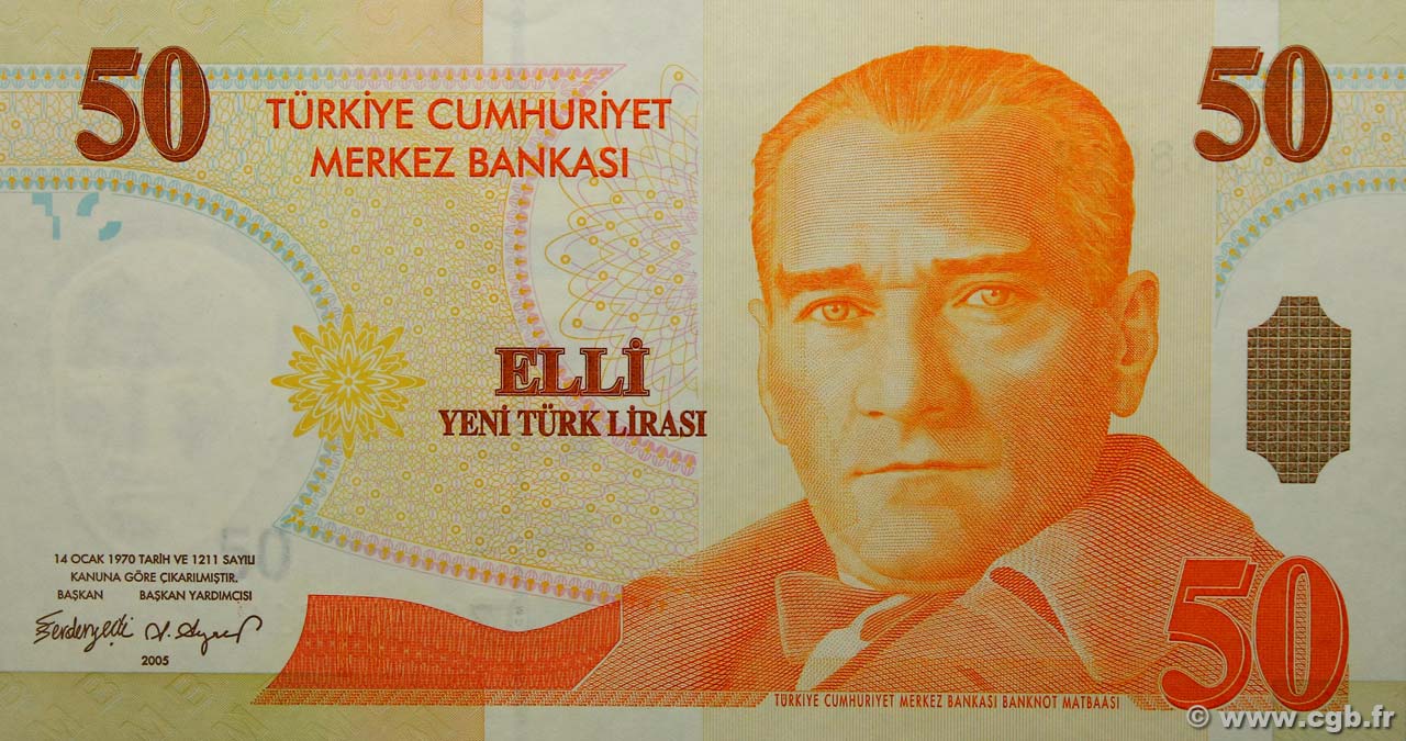 TURKEY 50 LIRA 2005  P 220 aUNC CONDITION 4RW 11 OCT 
