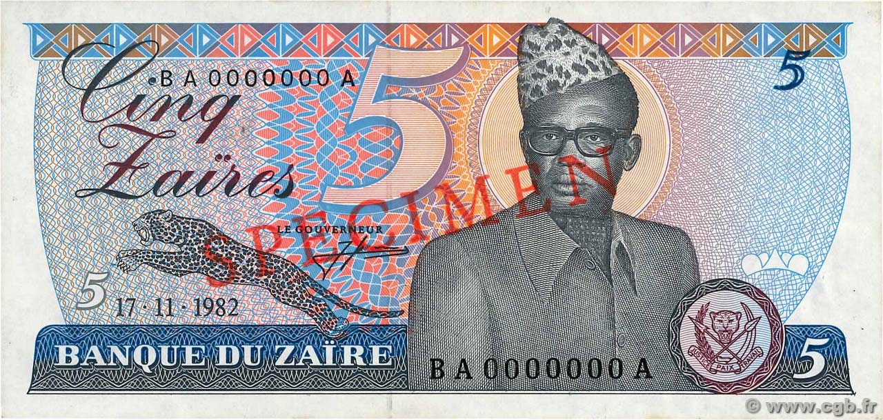 5 Zaïres Spécimen ZAÏRE  1982 P.26s SUP