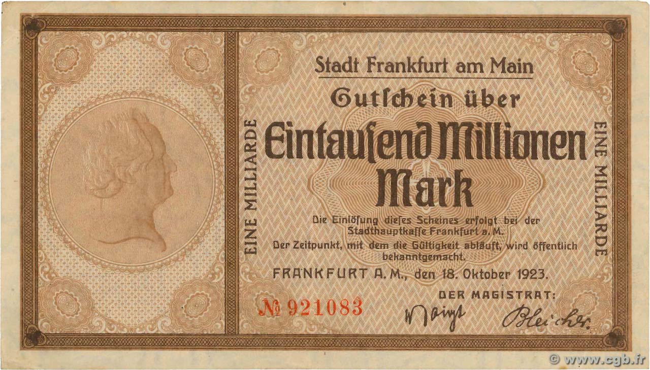 1 Milliard Mark GERMANIA Frankfurt Am Main 1923  q.SPL