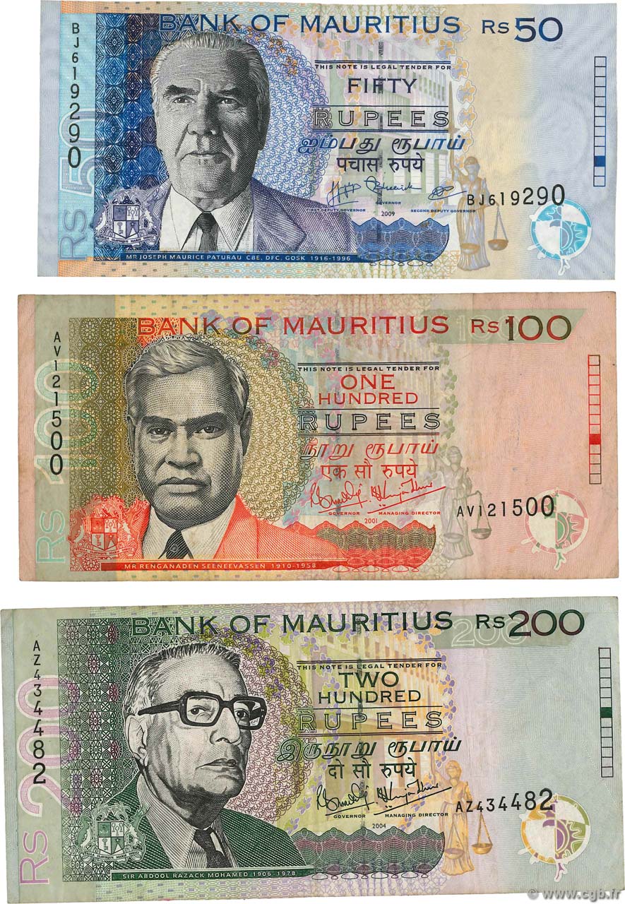50, 100 et 200 Rupees ÎLE MAURICE  2001 P.LOT TB