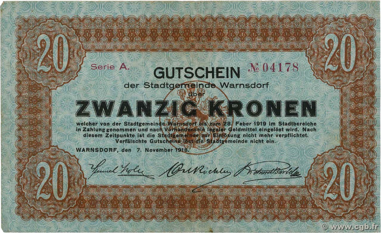 20 Kronen AUSTRIA Warnsdorf 1918  VF-