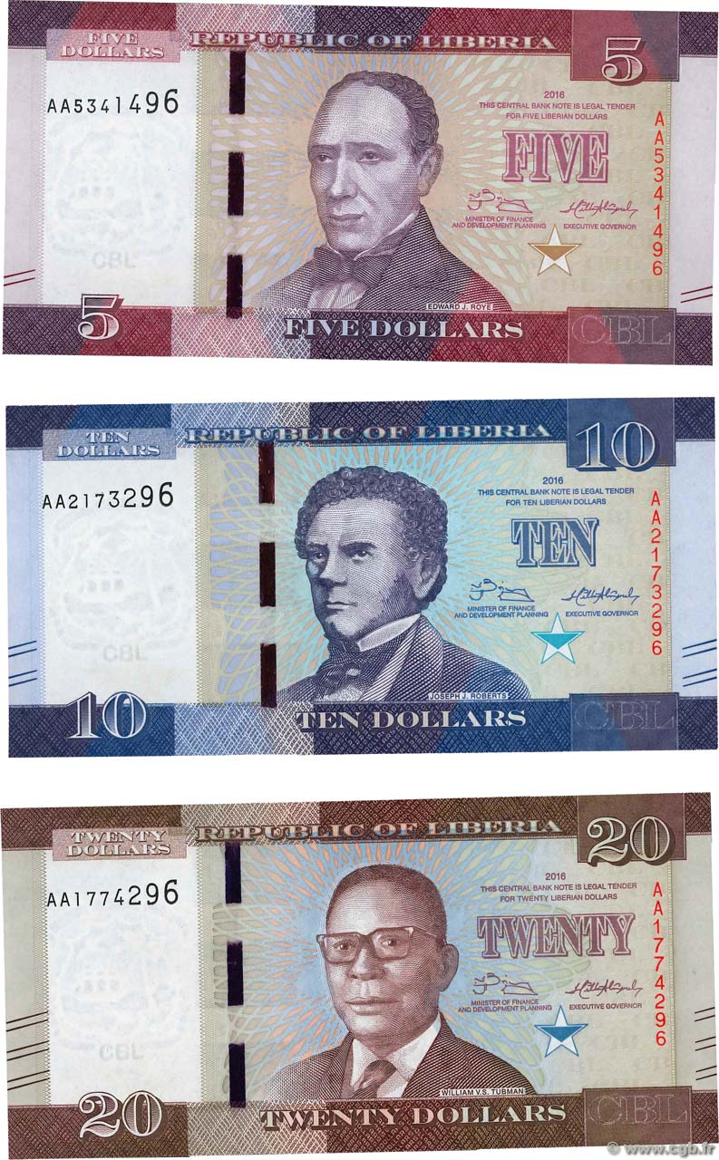 5, 10 et 20 Dollars LIBERIA  2016 P.LOT NEUF