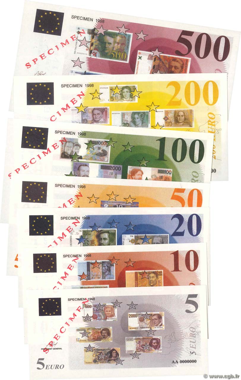 Lot de 7 Billets Spécimens Promotion Euro Spécimen FRANCE regionalism and various  1998 P.LOT UNC