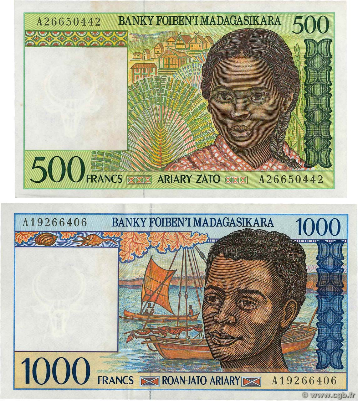 500 Francs - 100 Ariary et 1000 Francs - 200 Ariary MADAGASKAR  1994 P.LOT VZ