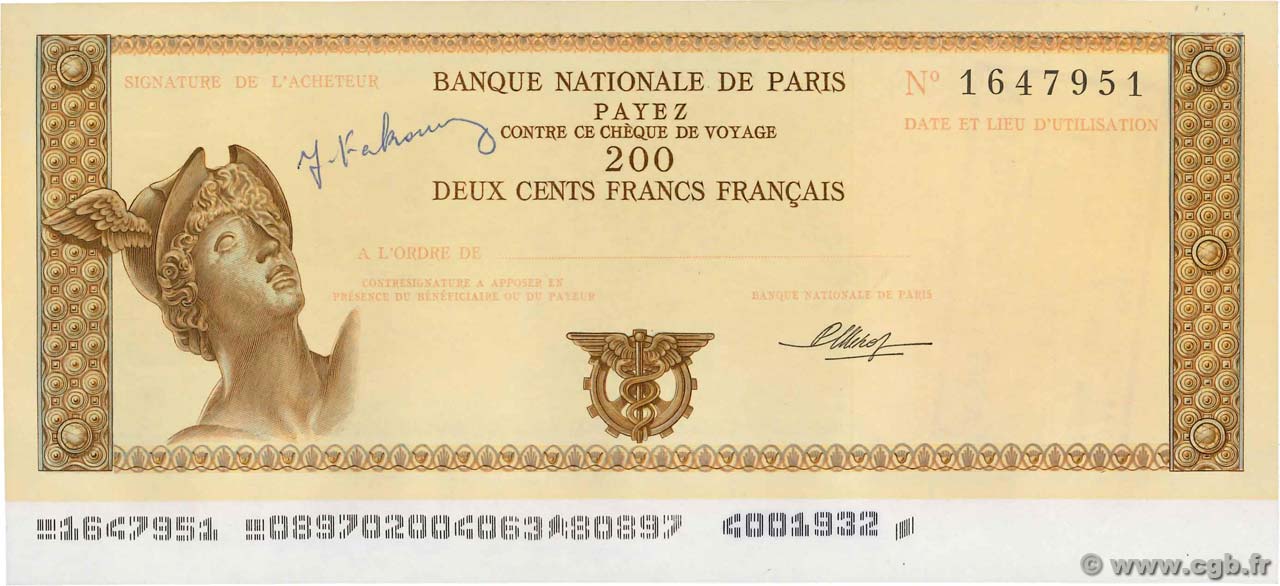 200 Francs FRENCH WEST AFRICA Abidjan 1975 DOC.Chèque AU