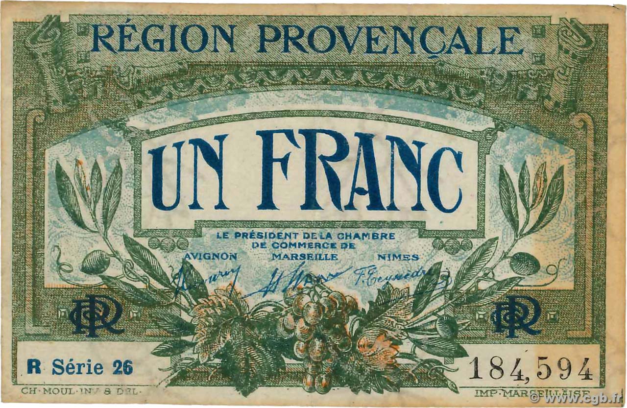 1 Franc FRANCE Regionalismus und verschiedenen Alais, Arles, Avignon, Gap, Marseille, Nîmes, Toulon 1918 JP.102.18 fVZ