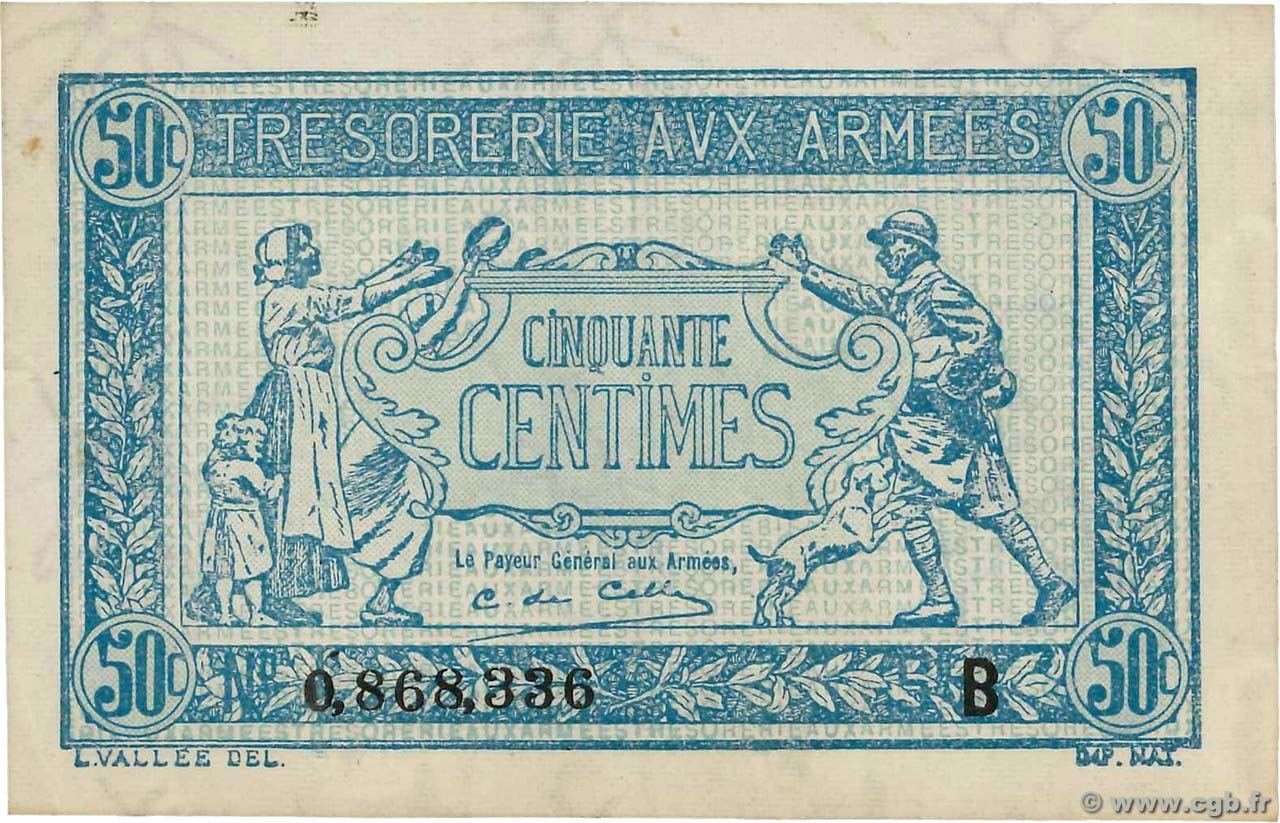 50 Centimes TRÉSORERIE AUX ARMÉES 1917 FRANCIA  1917 VF.01.02 BB