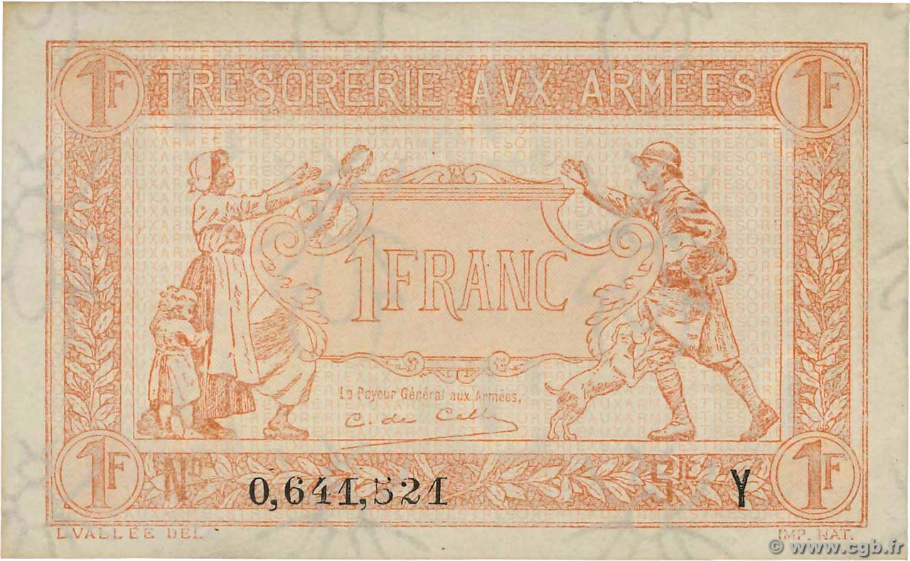 1 Franc TRÉSORERIE AUX ARMÉES 1919 FRANKREICH  1919 VF.04.12 fVZ