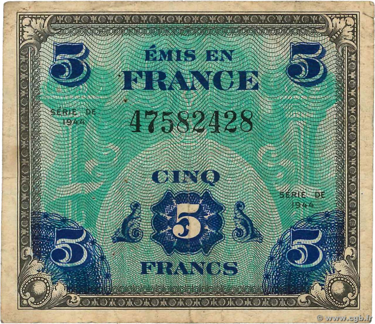 5 Francs DRAPEAU FRANCIA  1944 VF.17.01 BC