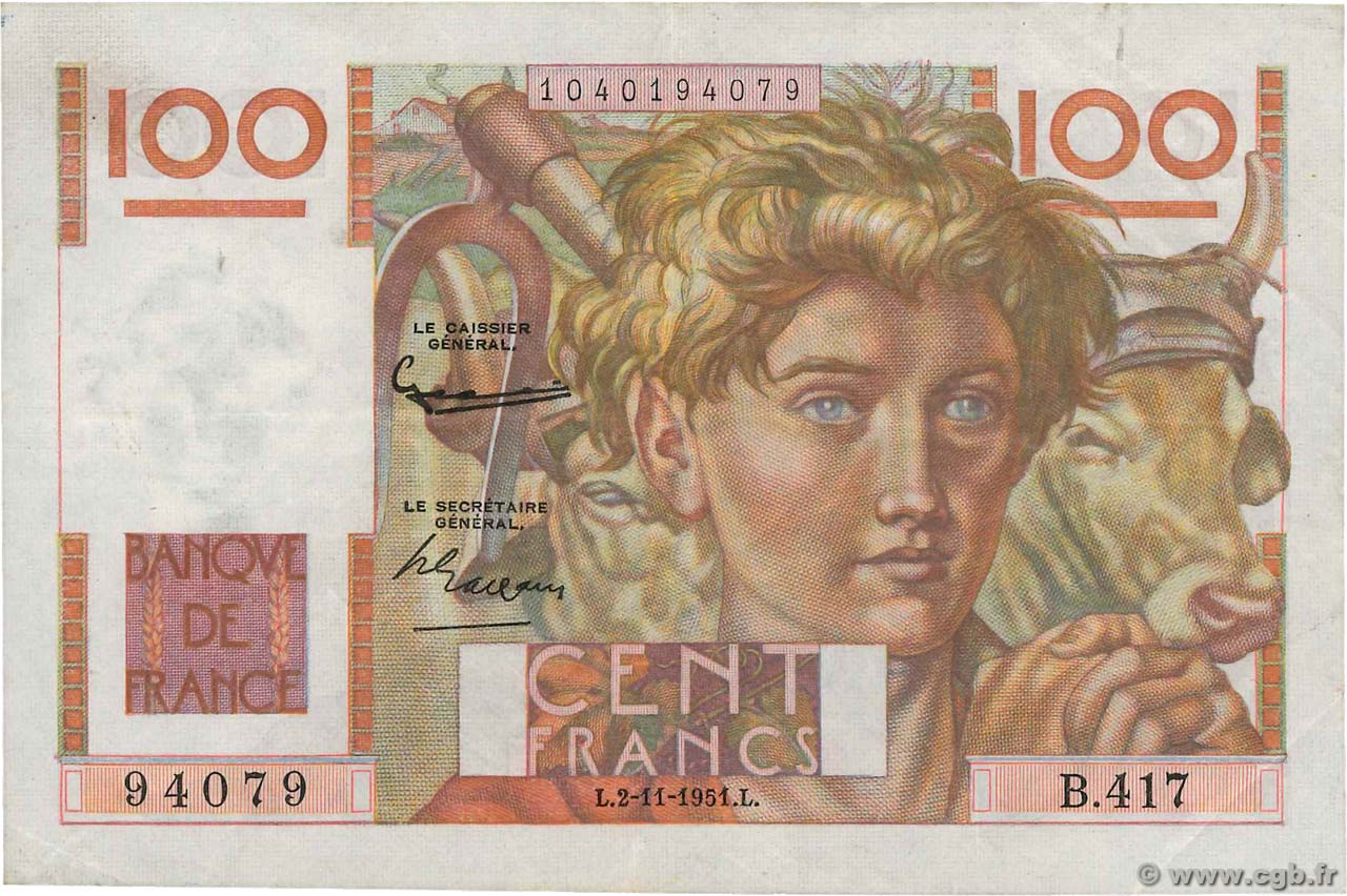 100 Francs JEUNE PAYSAN FRANCIA  1951 F.28.30 q.BB
