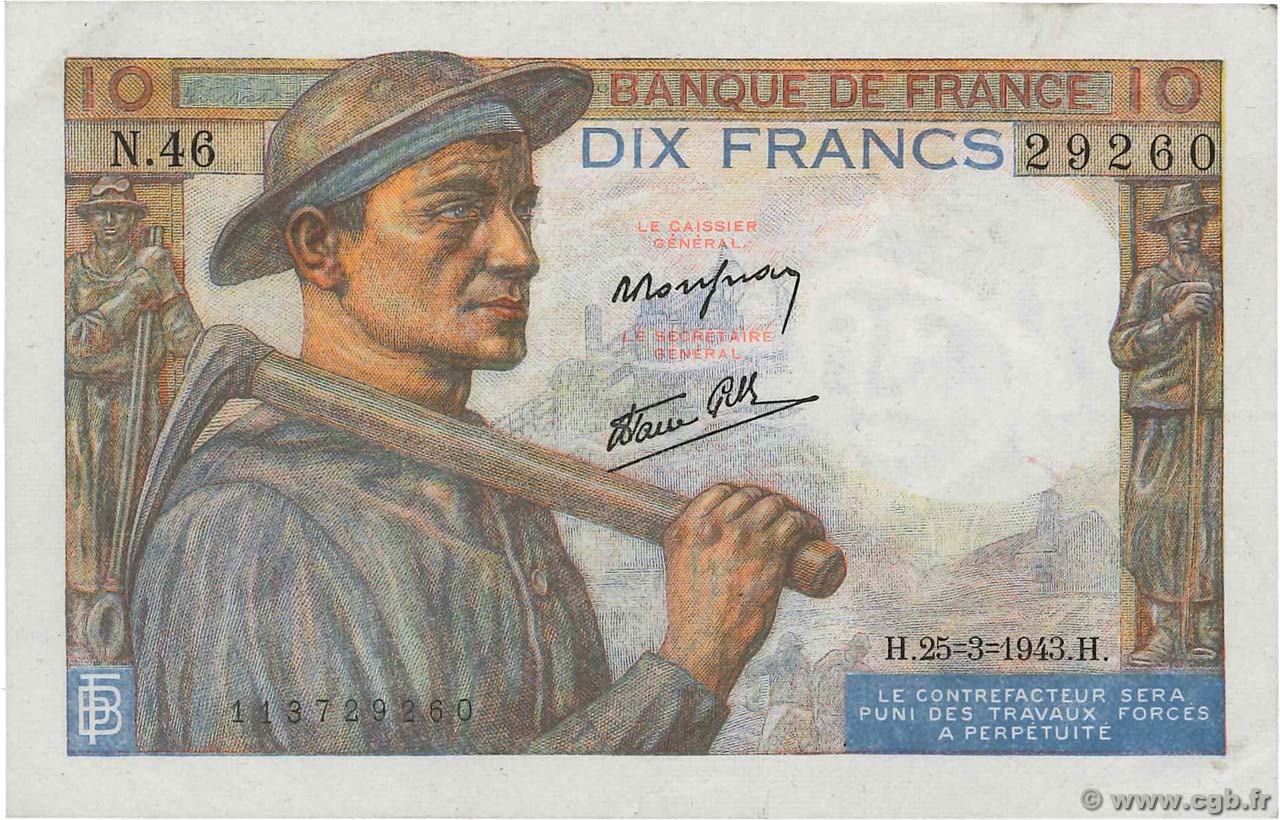 10 Francs MINEUR FRANCE  1943 F.08.08 VF