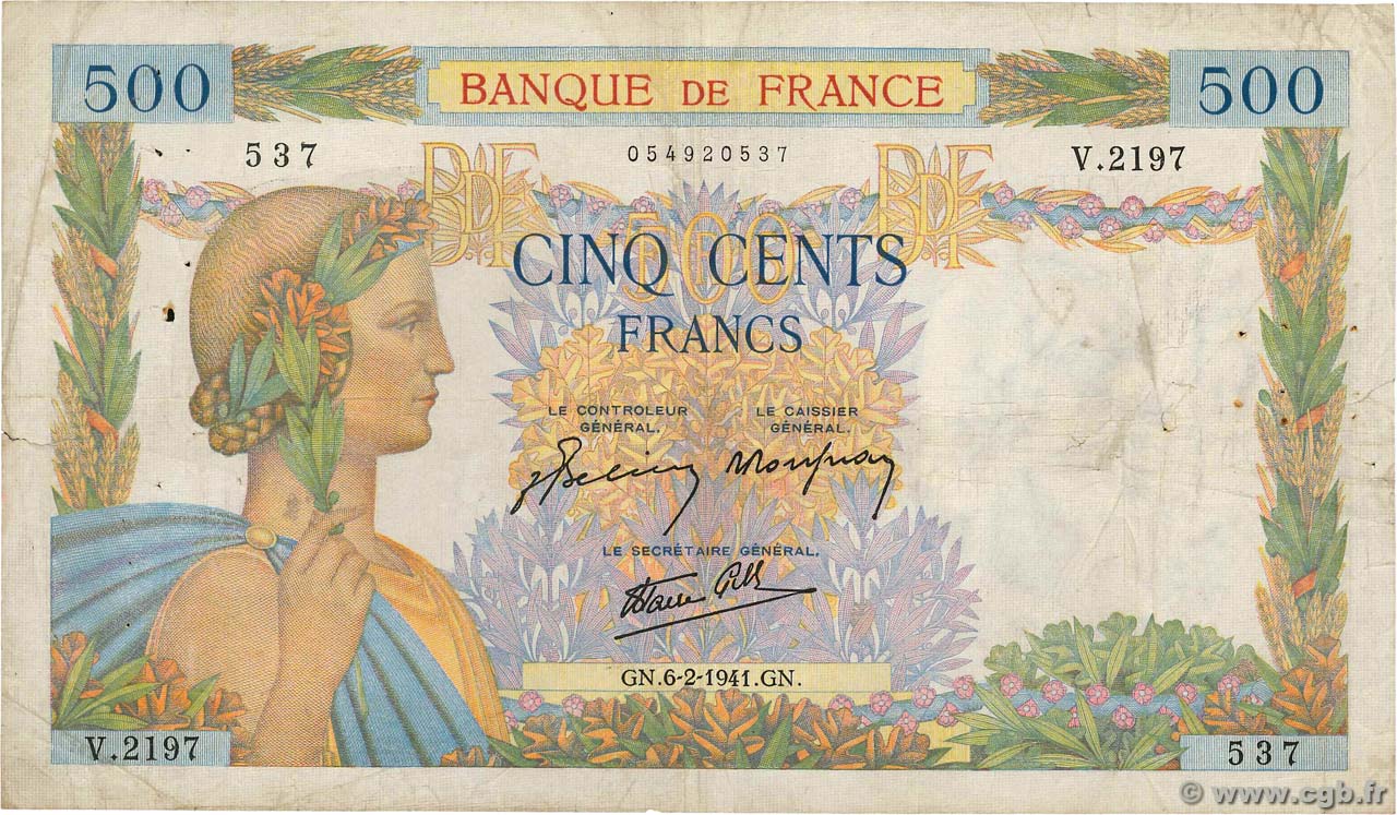 500 Francs LA PAIX FRANCE  1941 F.32.14 F