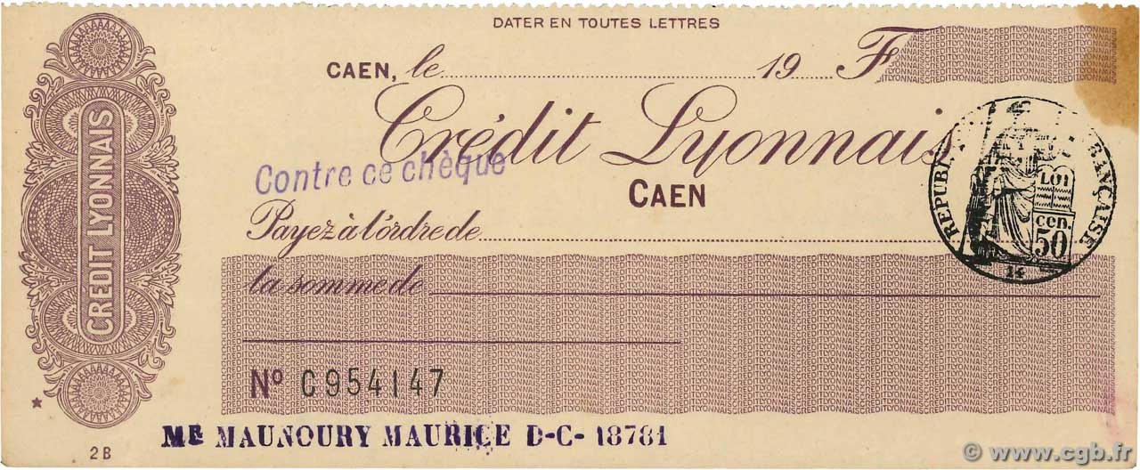 Francs FRANCE regionalismo y varios Caen 1933 DOC.Chèque EBC