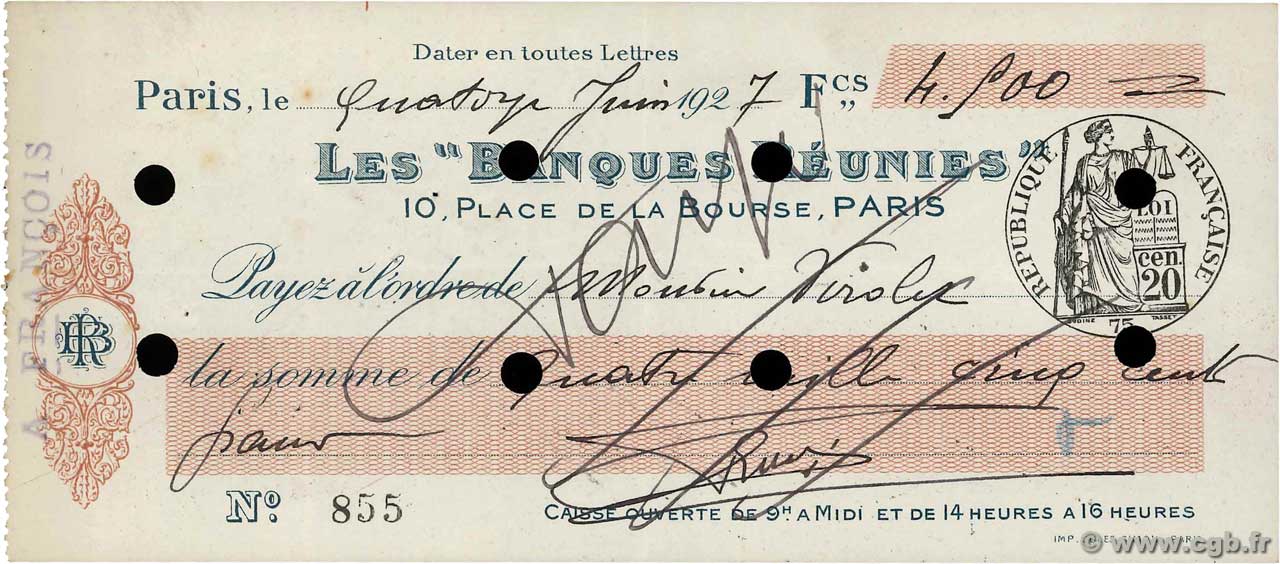 4500 Francs FRANCE regionalism and various Paris 1927 DOC.Chèque XF
