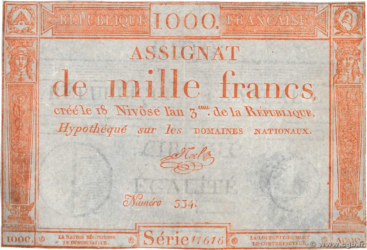 1000 Francs FRANCE  1795 Ass.50a TTB+