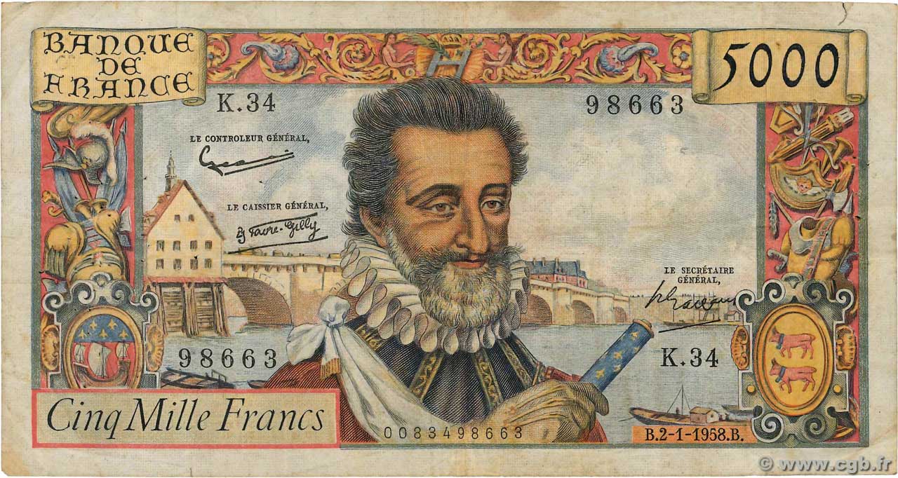 5000 Francs HENRI IV FRANCIA  1958 F.49.05 MB