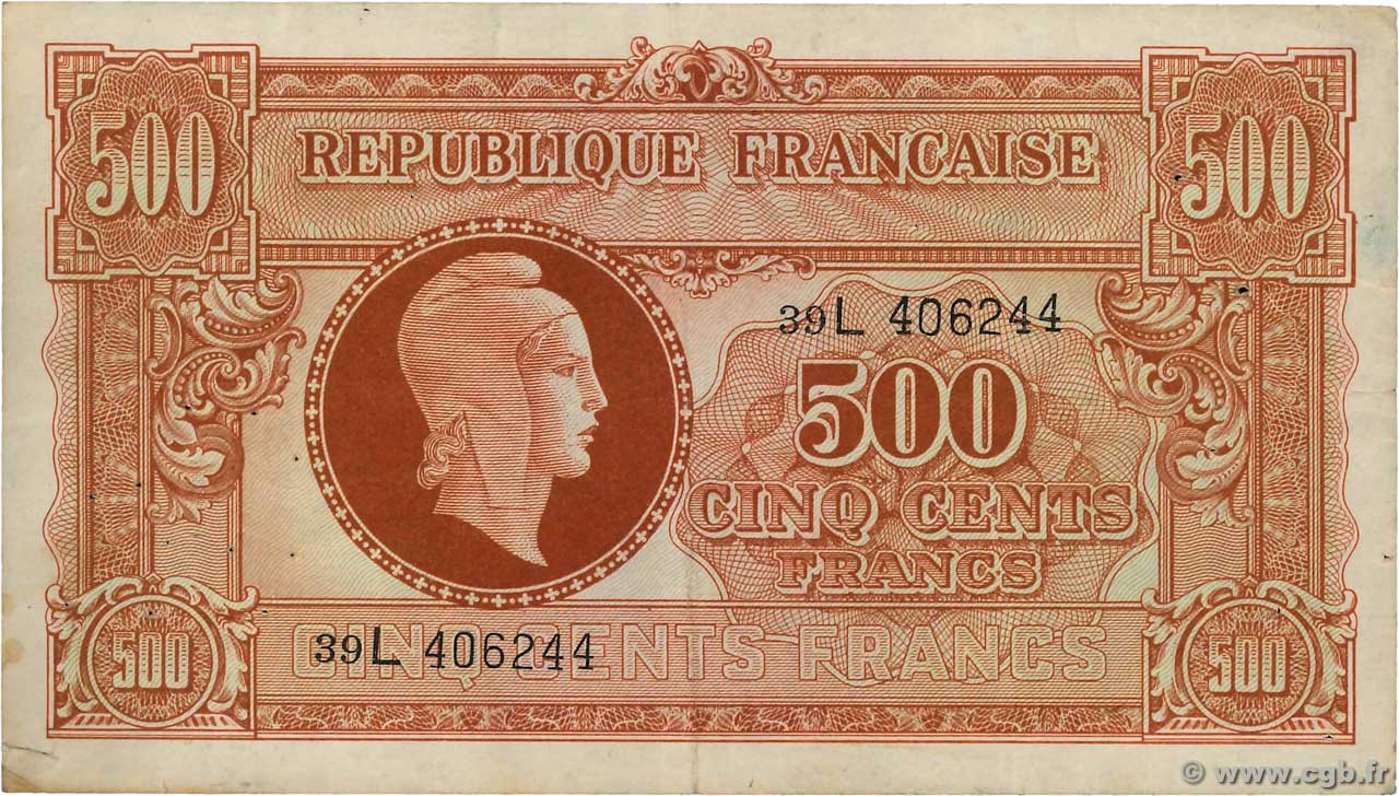 500 Francs MARIANNE fabrication anglaise FRANCE  1945 VF.11.01 TB+